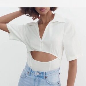 Zara White Polo Collar Bodysuit with Cut-Out Design